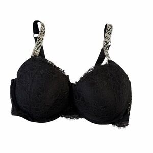Victoria's Secret Very Sexy 36DD Pushup Black Lace Bra Rhinestone Sparkle Straps